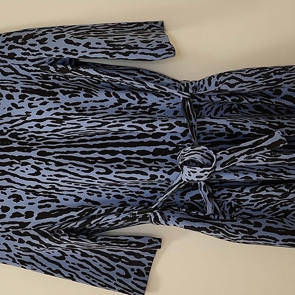 Maje Blue Black Animal Print Short Sleeve Mini Belted Dress Small - Picture 9 of 16